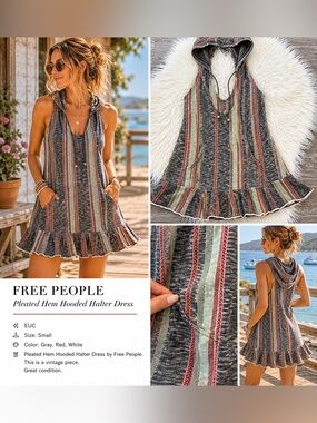 Free People Pleated Hem Hooded Halter Dress Small Boho Festival Mini Dress